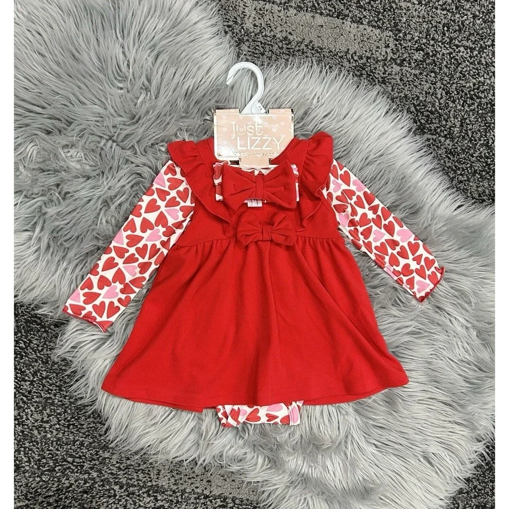 Just‎ Lizzy Brand 12 Month Red Hearts Bib Dress-Bodysuit-Headband Set